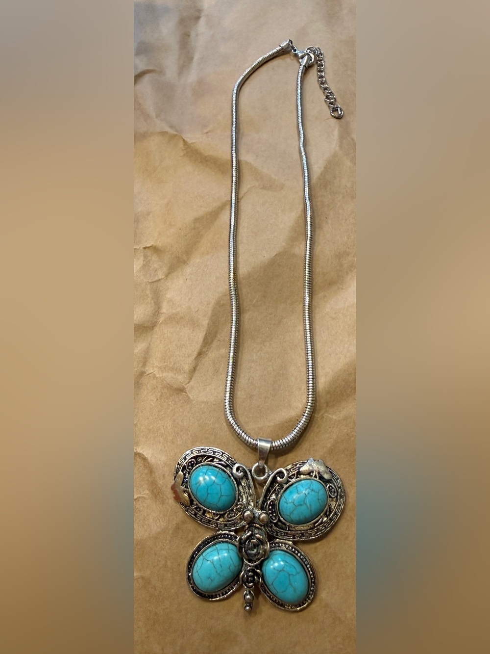 Silver-Tone Butterfly Pendant Necklace with Turquoise Stones** costume jewelry**